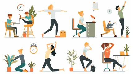 Fototapeta na wymiar Set of different people practicing workout at workplace vector flat illustration Collection of various employees doing warm up at office isolated Man and woman stretch enjoying break