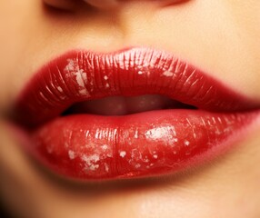 A woman's lips are painted red with a white gloss