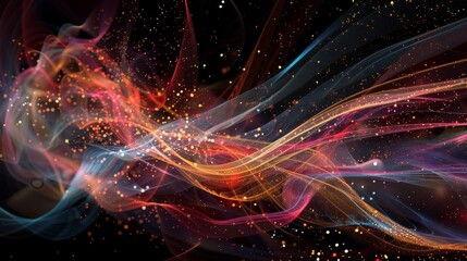 Abstract visualization of network traffic, swirling shapes and colors representing data packets flowing to the cloud