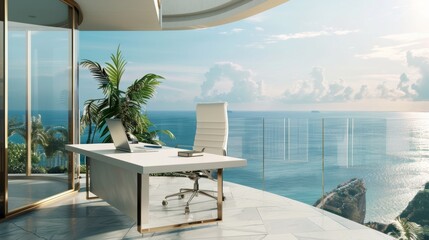Cinematic Photograph, office desk, laptop and chair on balcony, luxurious, appartment building, scenic view, nature, ocean, 
