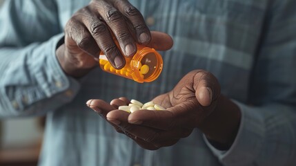 Close-up of a male hand holding a pill bottle pouring medication into his hand 