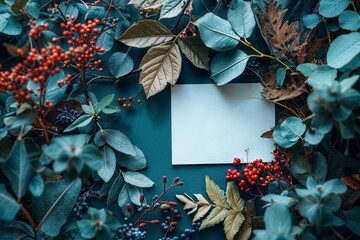 Minimalistic botanical background with autumn leaves and berries. Mock up blank white card in the center, dark blue and orange contrast color scheme.
