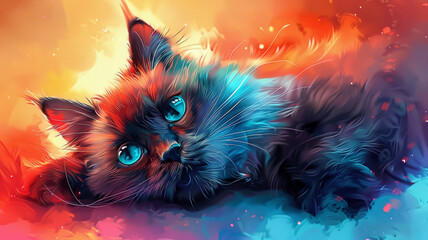 A cat with blue eyes is laying on a colorful background