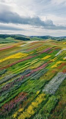 Aerial view of a vast field carpeted with colorful wildflowers, resembling a vibrant patchwork quilt