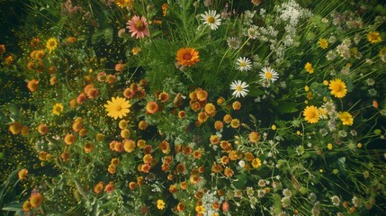 An aerial perspective of a wildflower meadow buzzing with life, showcasing butterflies, bees, and other insects flitting among the blooms - obrazy, fototapety, plakaty