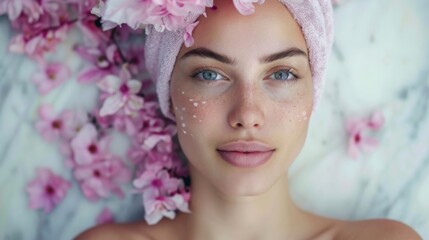A woman relaxes with a facial treatment surrounded by pink blossoms, conveying a sense of tranquility.