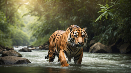 Tiger crossing the river stream 
