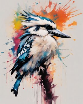 Vibrant ink splash of a kookaburra, abstract style where splashes of ink creating its form, lively and dynamic feel, capturing the energetic and playful nature of the bird, Generative AI.