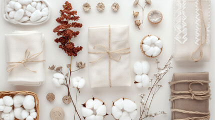 Collage of different cotton goods on white background