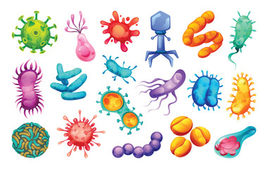 Set of bacteria, viruses and germs. Microscopic cell illness, bacterium and microorganism. Vector illustration