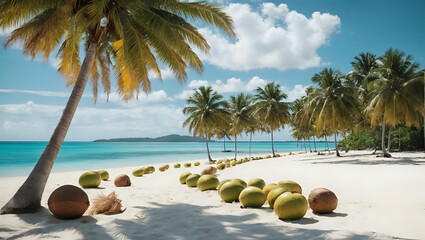 Tropical Paradise: Sunny Beach with Coconut Trees and Blue Waters