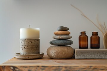 Close-up of a minimalist bathroom shelf with hand-poured soy candles, a textured ceramic oil burner, and a stack of smooth stones.