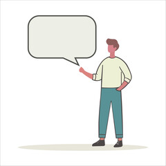 
A cartoon style character stands holding a blank speech bubble, symbolizing social media, chat, conversation, and contact. This hand-drawn vector illustration represents the concept of communication 