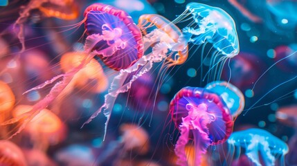 colorful many jellyfish in and environment of streaks of light and blurred shapes to suggest the movement of sound waves