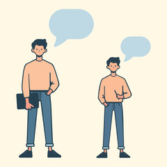 
A cartoon style character stands holding a blank speech bubble, symbolizing social media, chat, conversation, and contact. This hand-drawn vector illustration represents the concept of communication 