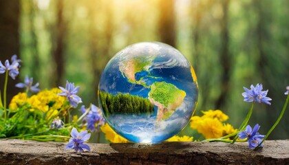 Earth day: a glass earth globe on grass and flowers