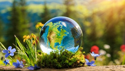 Earth day: a glass earth globe in grass