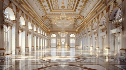 Luxurious palace ballroom with ornate chandeliers and marble floors.