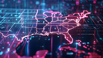 Fototapeta premium Digital map of USA, concept of North America global network and connectivity, data transfer and cyber technology, information exchange and telecommunication