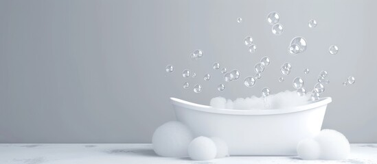 White bathtub with soap bubbles and water flowing from the faucet on a gray background - Powered by Adobe