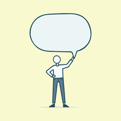 
A cartoon style character stands holding a blank speech bubble, symbolizing social media, chat, conversation, and contact. This hand-drawn vector illustration represents the concept of communication 