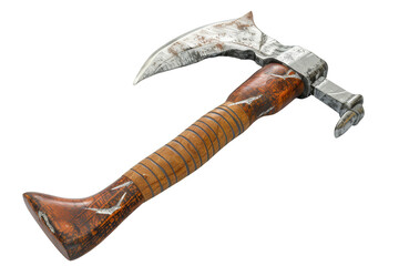 Handmade ax with a carved handle on a transparent background