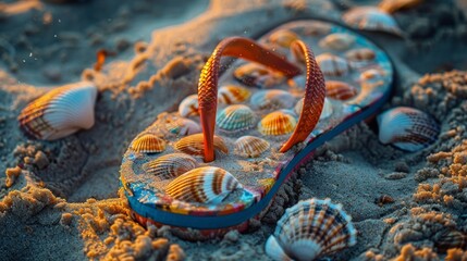 Close-up of a vibrant flip-flop decorated with seashells, half-buried in the warm sand - obrazy, fototapety, plakaty