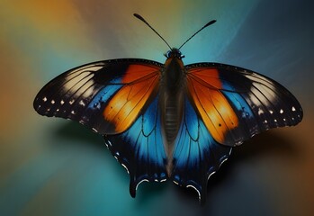 Butterfly wings spread wide, showing vibrant, iridescent patterns of blue, orange, and black, generative AI