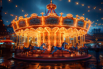 Carousel at Night in the Rain, To convey a sense of nostalgia and fun, capturing the essence of a classic amusement park ride on a rainy night