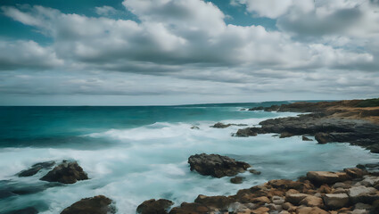 Fototapeta na wymiar Cloudy Beachscape with Turquoise Waves and Rocky Hills