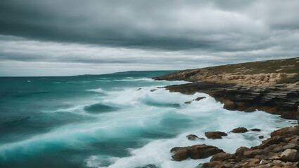 Obraz premium Cloudy Beachscape with Turquoise Waves and Rocky Hills