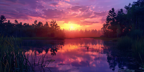 Purple pink color sunset evening nature outdoor lake with mountains landscape background. Graphic Art ,A sunset over a lake with trees in the background,A sunset with water lilies.