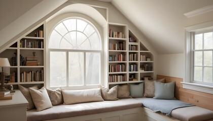 A dormer window with a cozy reading nook and built in bookshelves