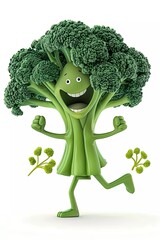 broccoli cartoon character with style jumping into the air, 3d illustration of broccoli cartoon character, isolated on white background.
