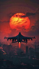 F-16 silhouetted against a fiery sunset over a war-torn city