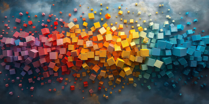 Viele wundersch&ouml;ne bunte leuchtende W&uuml;rfel aus Glas Teile in 3D als Hintergundmotiv im Querformat f&uuml;r Banner