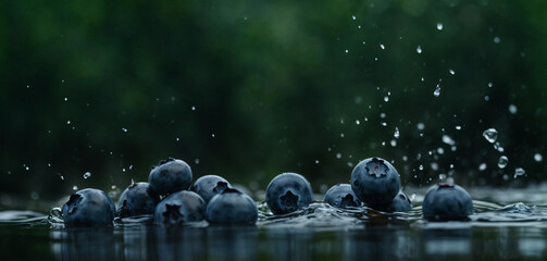 blueberries  in water on blurred background 