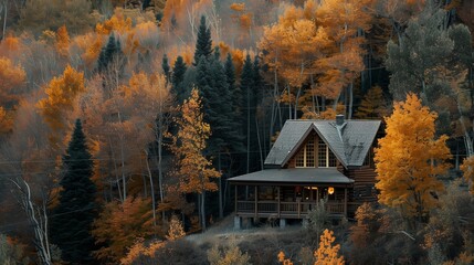 Mountain cabin nestled in the woods.