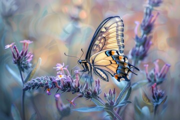 Hyperrealistic close-up of a butterfly perched on a wildflower, emphasizing its delicate wings and markings - obrazy, fototapety, plakaty