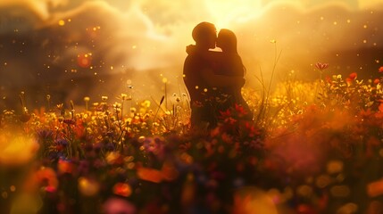 A couple sharing a warm embrace in a field of wildflowers. - Powered by Adobe