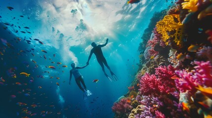A couple snorkeling in a vibrant coral reef, surrounded by colorful fish and marine life.