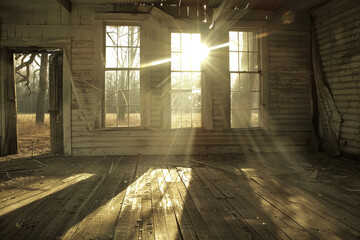 Sunlight streaming through the windows of an old, abandoned farmhouse.