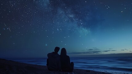 A couple stargazing from a secluded beach, counting shooting stars in the clear night sky.