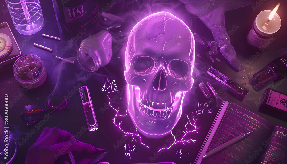 Wall mural a skull is surrounded by various items, including bottles and a book. the skull is glowing purple, a