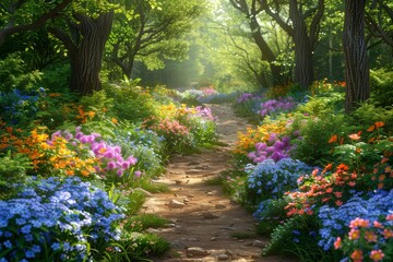 Vibrant Flora Lining Dirt Path in Forest Clearing