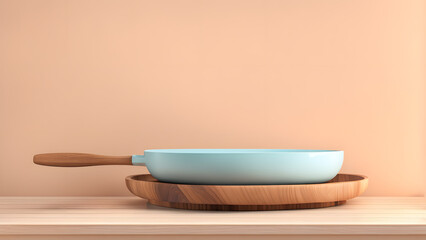 A blue pan sits on a wooden plate on a shelf