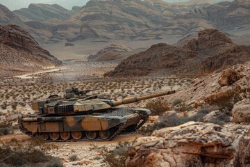 Obraz premium M1 Abrams tank camouflaged amongst desert rock formations, almost blending with the harsh environment