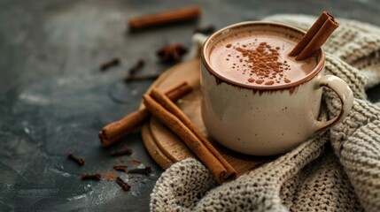 Vintage mug of hot chocolate with cinnamon sticks over dark background. Square image with selective focus