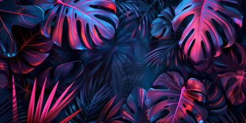Glowing Neon Tropical Plant Leaves on Dark Background Generative AI