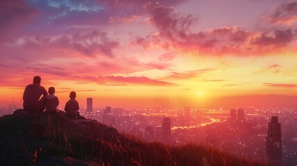 A family enjoying a colorful sunset from the top of a hill, overlooking the city.